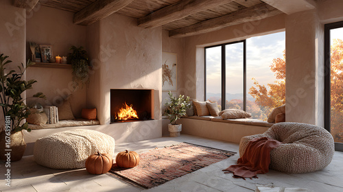 cozy autumn interior, contemporary autumn-themed livng space with a fireplace nd comfy rug, ideal for coy nights in and relaxationat home