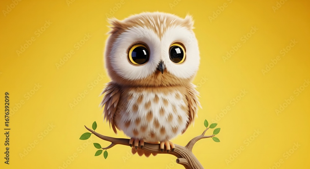 Obraz premium Cute Brown and White Cartoon Owl Sitting on Branch with Large Eyes on Bright Yellow Background
