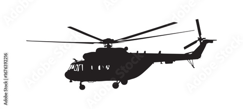 Detailed Silhouette of Mil Mi8 Helicopter Against White Background