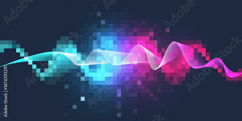 Abstract motion sound wave lines and dots dynamic vector background. Spiral pulse sound wave rhythm. Music wave poster design. Eps10