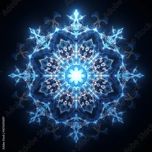 Icy blue crystal snowflake mandala, intricate frozen fantasy pattern illustration