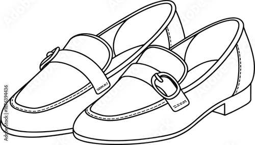 Loafers shoes, slip‑on footwear, low heel design, decorative strap with buckle, detailed stitching, black and white line art, fashion vector illustration, classic style