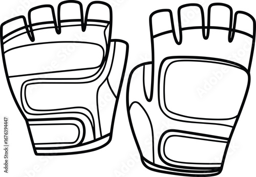 Fingerless sports gloves, ergonomic design, padded palm protection, breathable sections, black and white line art, detailed vector illustration, cycling and weightlifting fitness accessory