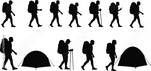 Silhouette Hiker Camping Adventure Set, Backpacking Trekking, Walking, Tent Setup, Hiking with Walking Sticks, Outdoor Exploration
