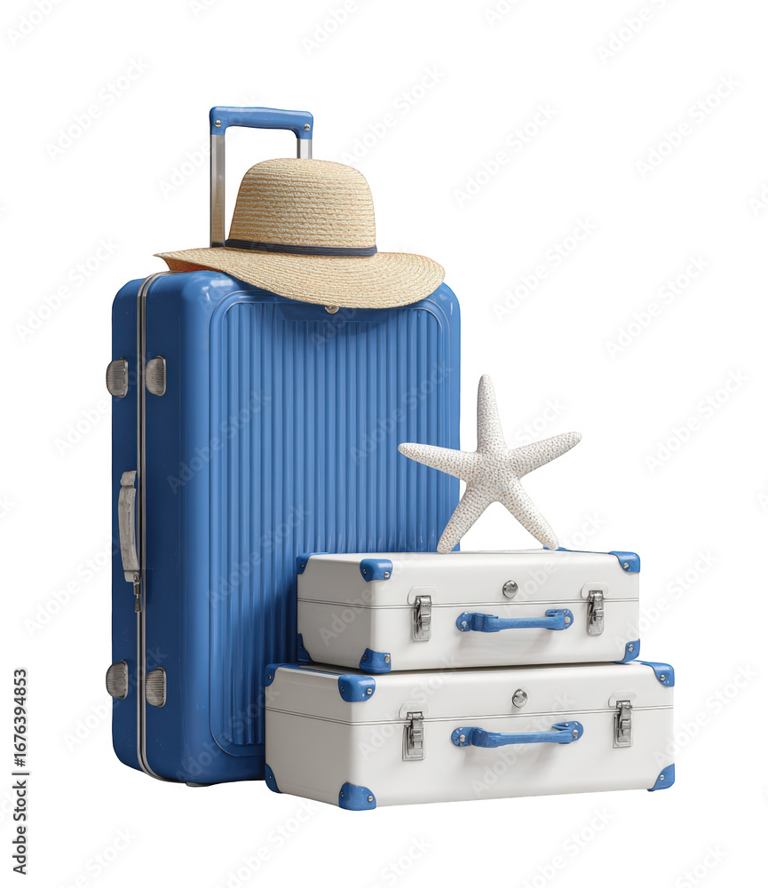 Obraz premium Blue suitcase, straw hat, and white suitcases