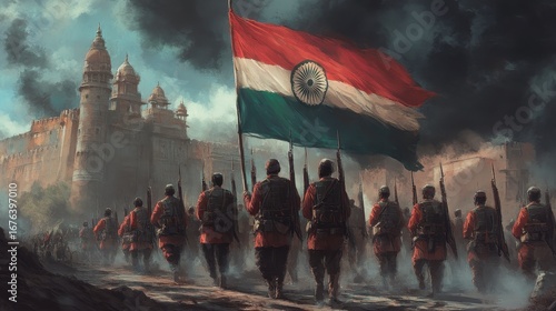 Soldiers Marching with Indian Flag in Historic Red Fort Setting