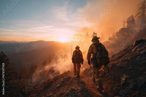 Two firefighters walking a mountain trail during a wildfire sunset