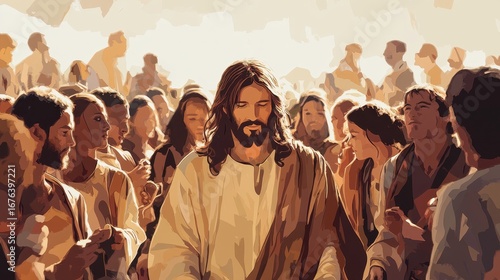Spiritual Gathering with a Central Figure Surrounded by Followers