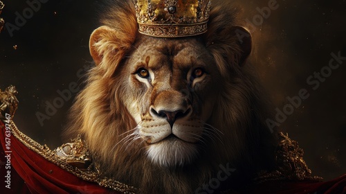Majestic Lion Wearing Crown and Regal Robe in Dramatic Setting