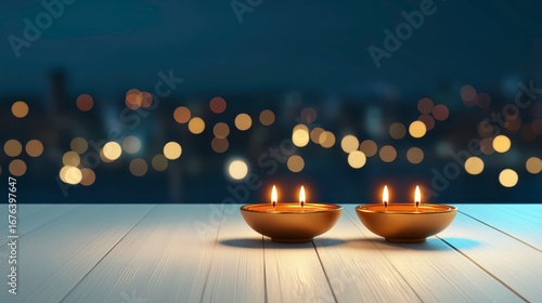 Two Glowing Oil Lamps on Wooden Table with Blurred Night Background
