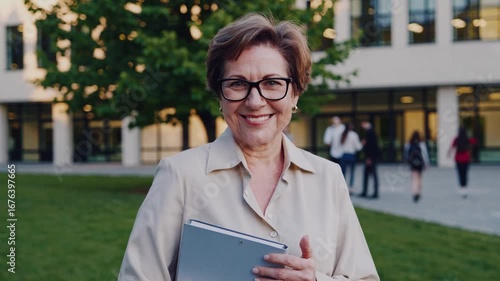 Smiling woman with glasses holds a tablet while standing outside a modern building with students in the background