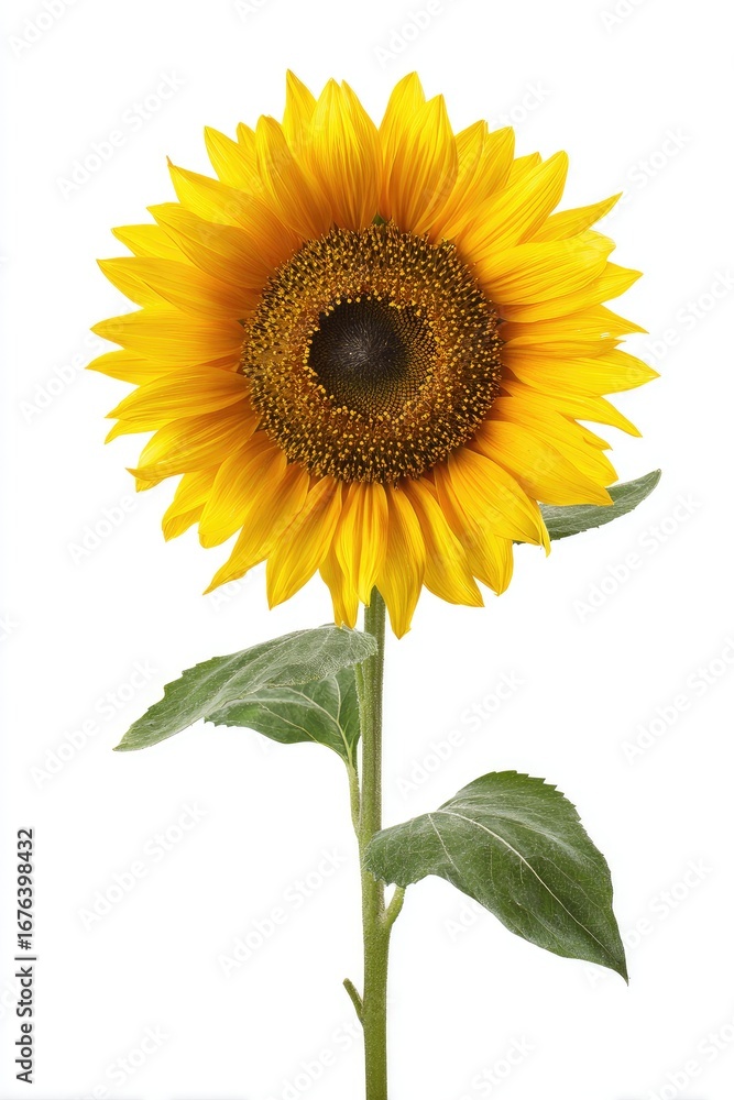 Obraz premium Single sunflower, bright yellow petals, dark center, green leaves, isolated on white background