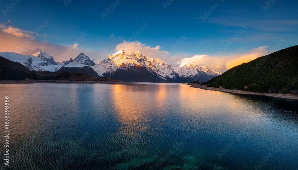 Fototapeta premium beautiful lake at sunset with snow capped mountains in the background