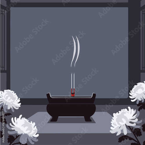 Funerary altar with incense smoke and white chrysanthemums in Scandinavian minimalism