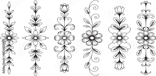 Ornate floral decorative borders with leaves and buds black and white illustration