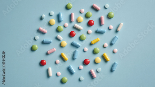 Assortment of colorful pharmaceutical pills and capsules scattered on a light blue background