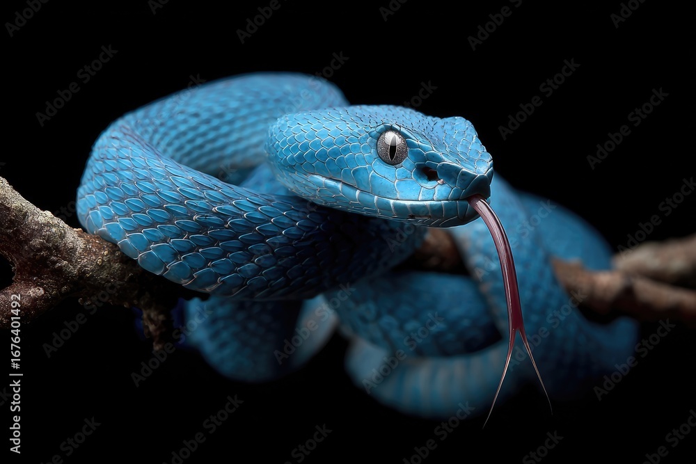 Fototapeta premium Vibrant blue venomous snake coiled on branch against black background
