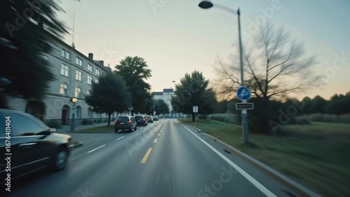 Wallpaper Mural Driving down a suburban street with parked cars and trees lining the road at sunset Torontodigital.ca