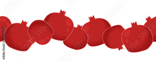 Vector seamless border with pomegranates across the center on white background, large blank spaces above and below for text. Suitable for menus, labels, packaging and autumn fruit designs