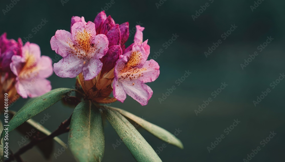 Obraz premium Close-up of pink and purple rhododendron blossoms with green leaves against a blurred dark background