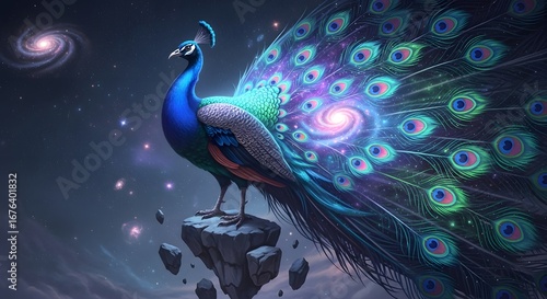 Wallpaper Mural Majestic Blue Peacock with Vibrant Feathers in Cosmic Night Sky Torontodigital.ca