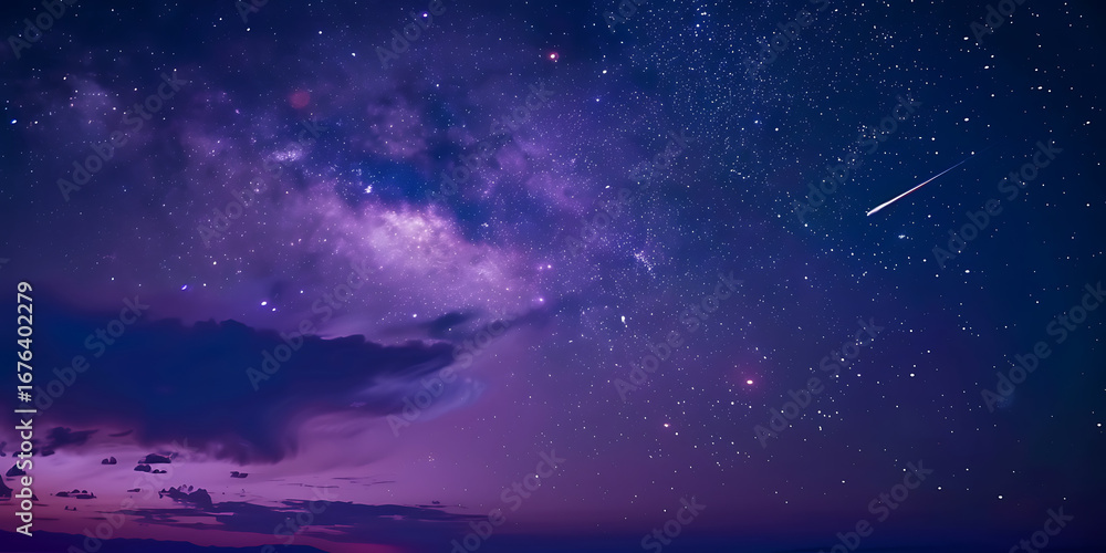 Fototapeta premium Starry night sky with shooting star over purple and blue landscape 