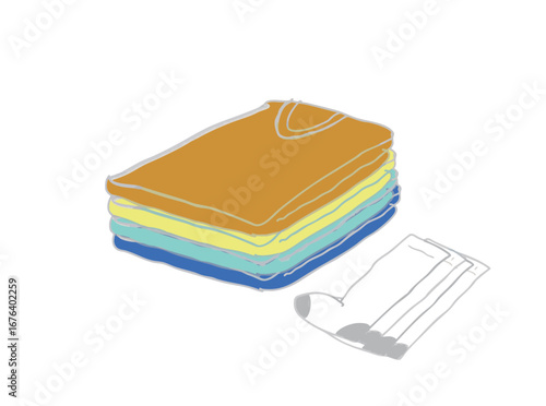 Illustration of multiple folded T-shirts and white socks