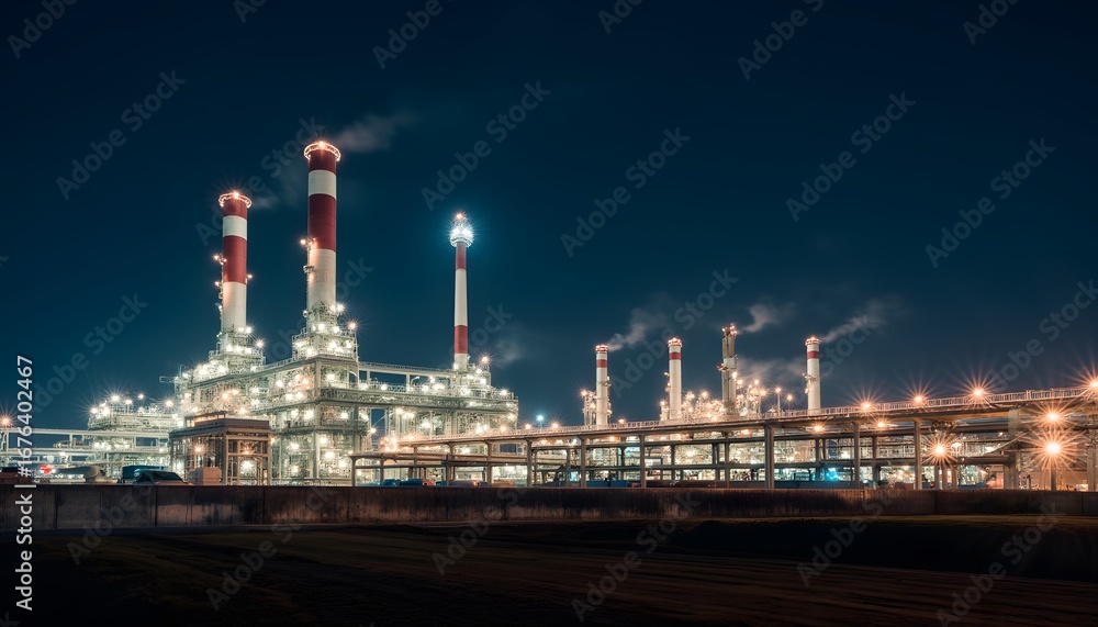 Fototapeta premium Nighttime Industrial Scene Featuring Illuminated Factory with Smokestacks and Machinery