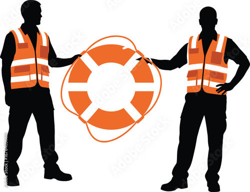 Silhouette of Two Workers in Safety Vests Holding Life Buoy for Rescue, Emergency, and Safety-Related Graphic Design Projects