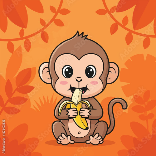 A cute cartoon monkey is happily eating a yellow banana in a vibrant orange jungle setting.