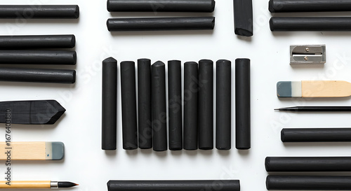 An organized flat lay of black charcoal sticks pencils erasers and various drawing tools.