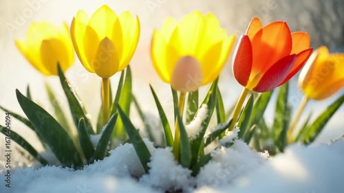 Timelapse shot of spring flowers growing and snow melting in the garden. Flower sprouts stretch up, grow. Spring season concept
