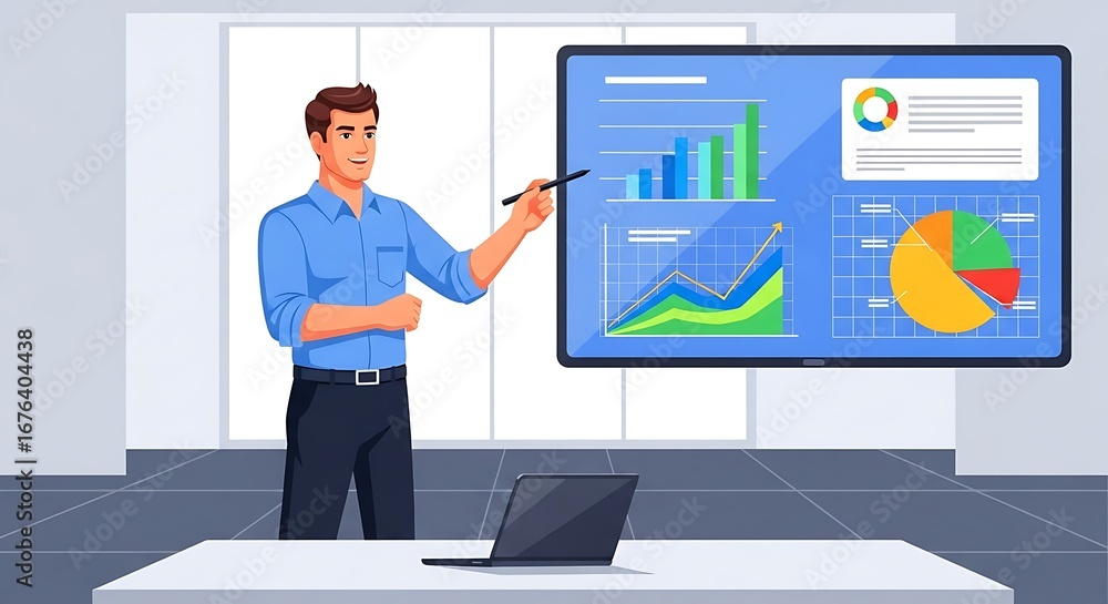 Fototapeta premium Business Presentation Man Explaining Charts on Screen with Laptop Vector Illustration.