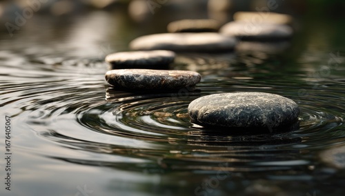 Smooth stones form a pathway across calm water, ripples spreading outward