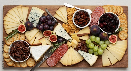 a large, rustic wooden serving board piled high with slices of various artisan cheeses, grapes, figs, and crackers, perfect for a Thanksgiving appetizer spread