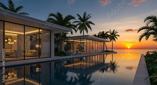 Elegant coastal villa with infinity pool and sunset sky