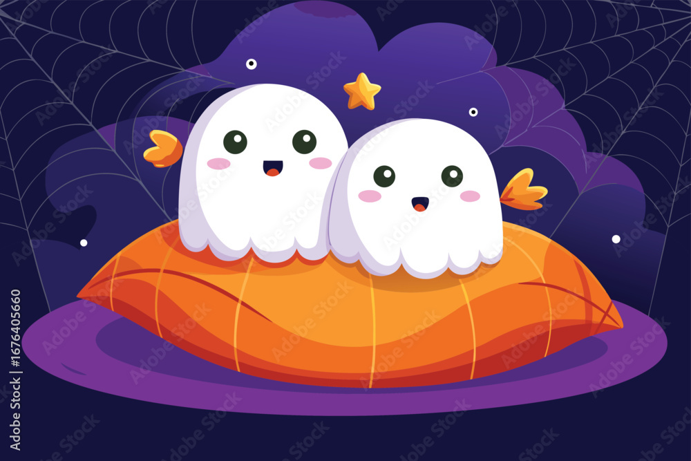 Naklejka premium Adorable Halloween Ghosts on a Pillow with Stars and Spiderwebs Perfect for Children s Illustrations and Holiday Themed