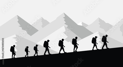 Silhouettes of Hikers Climbing Mountain, Adventure, Trekking, Outdoor Exploration, Group Hiking, Travel, Nature, Scenic Landscape Illustration