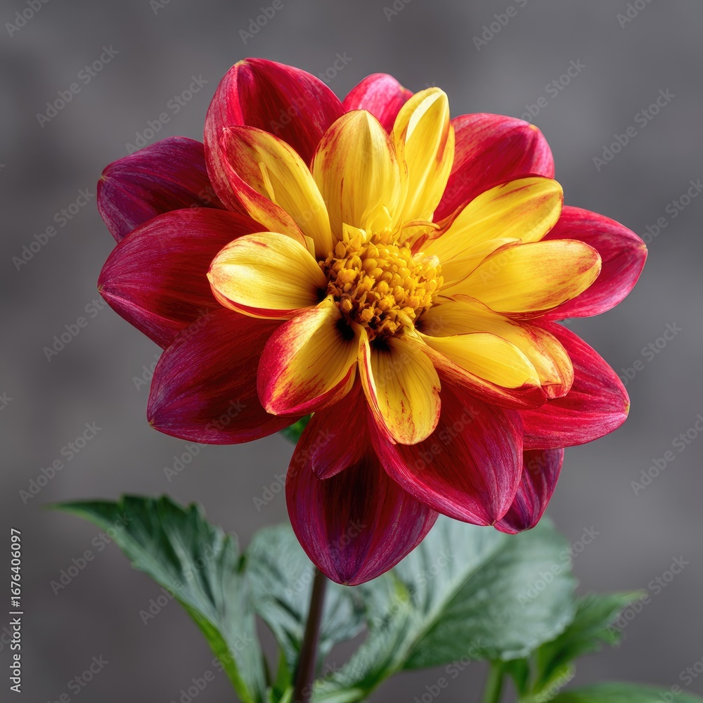 Naklejka premium Close-up of a vibrant red and yellow dahlia