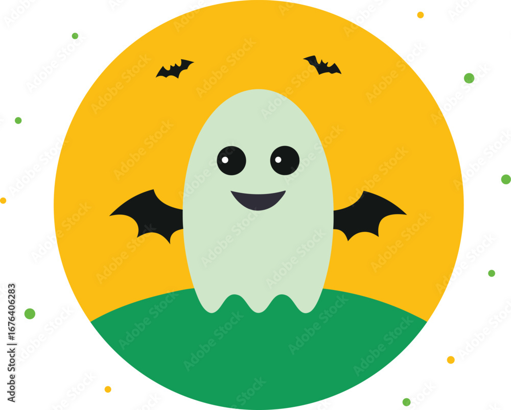 Naklejka premium Cute Halloween Ghost with Bats in Front of a Yellow Moon and Green Hill Perfect for Holiday Greetings