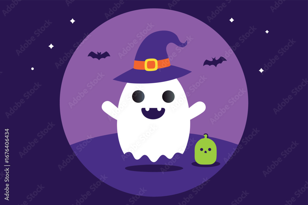 Fototapeta premium Cute Halloween Ghost Wearing a Witch Hat with Bats and a Pumpkin on a Purple Background for Spooky