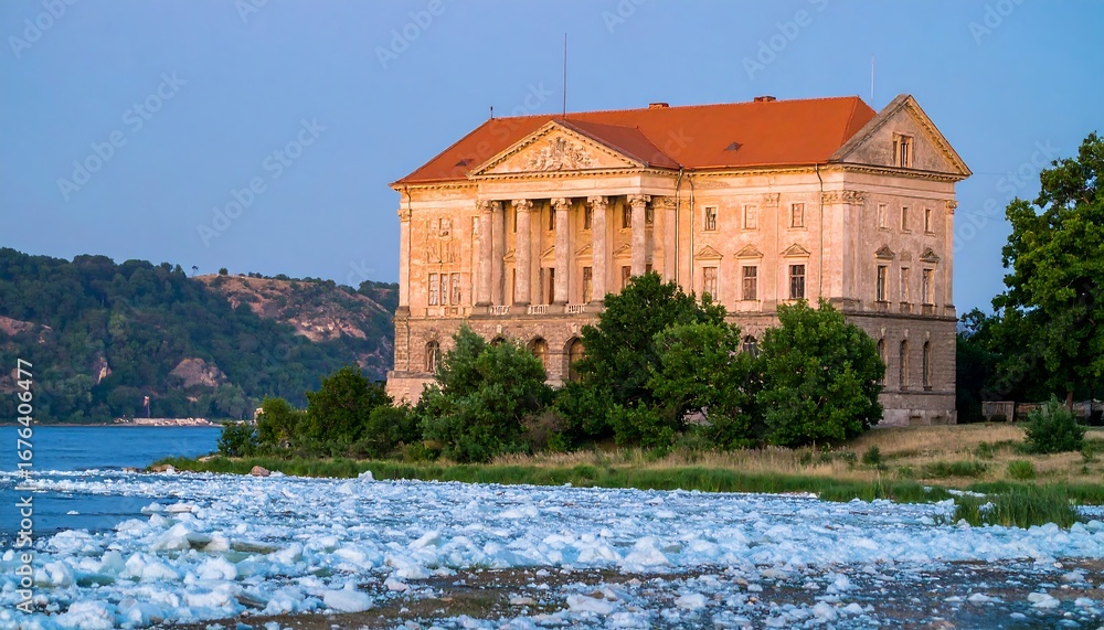 Obraz premium Historic manor house by river at sunset