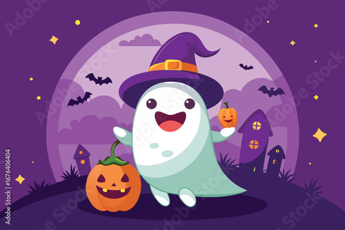 Cute Halloween Ghost with Witch Hat Holding Pumpkins in a Spooky Night Landscape Cartoon Illustration for Holiday Designs