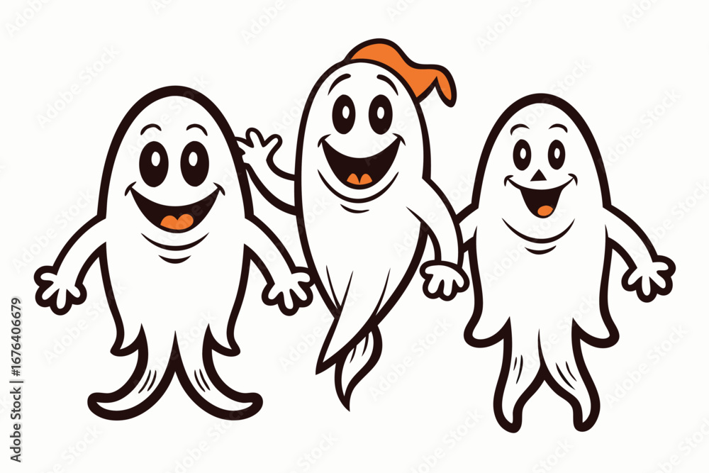 Obraz premium Three Cheerful Cartoon Ghosts Celebrating Halloween Together with Big Smiles and Friendly Gestures Isolated on White Background for