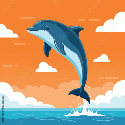 Illustration of a dolphin jumping out of the ocean against an orange sky with clouds.