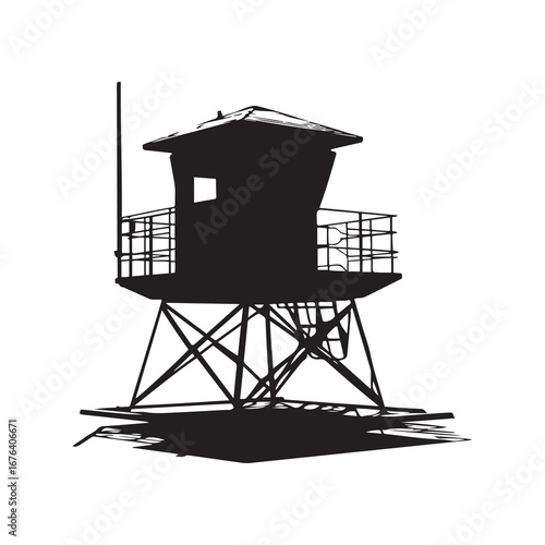 Lifeguard Tower Silhouette on White Background for Seaside Safety