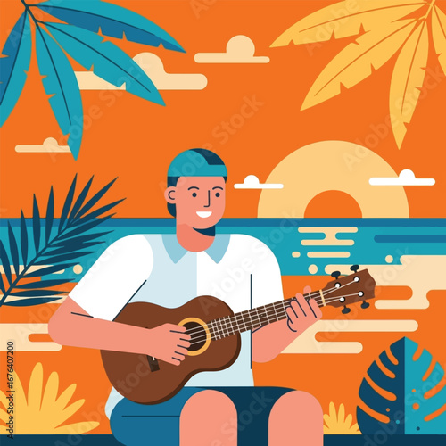 A flat illustration of a smiling person playing a ukulele on a tropical beach at sunset with palm leaves.