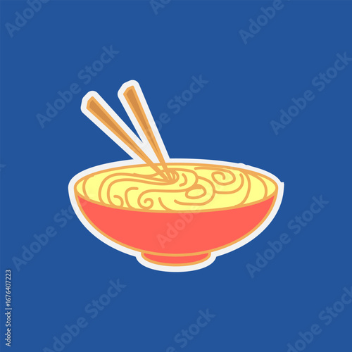 Cartoon illustration of a bowl of noodles with chopsticks, presented against a blue background.