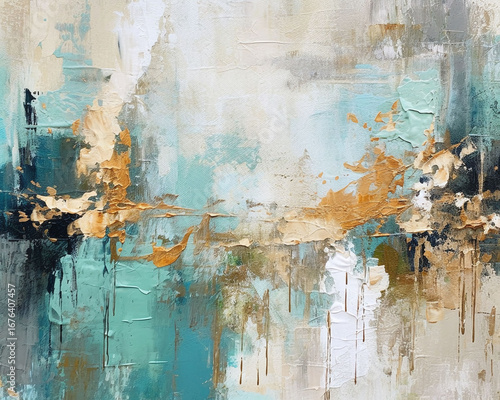 Abstract Teal Gold And Beige Painting With Textured Brushstrokes