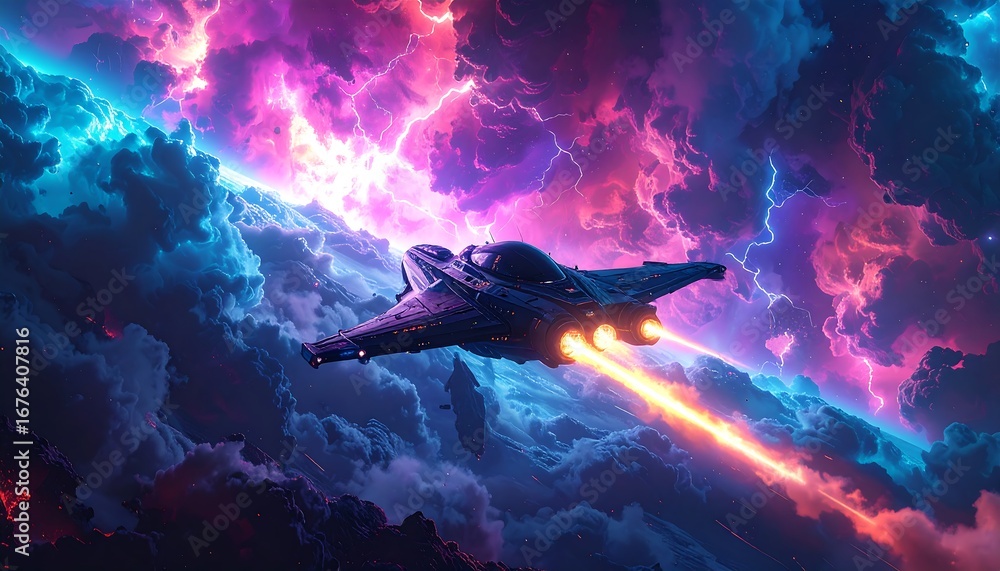 Fototapeta premium Futuristic spaceship through vibrant storm clouds